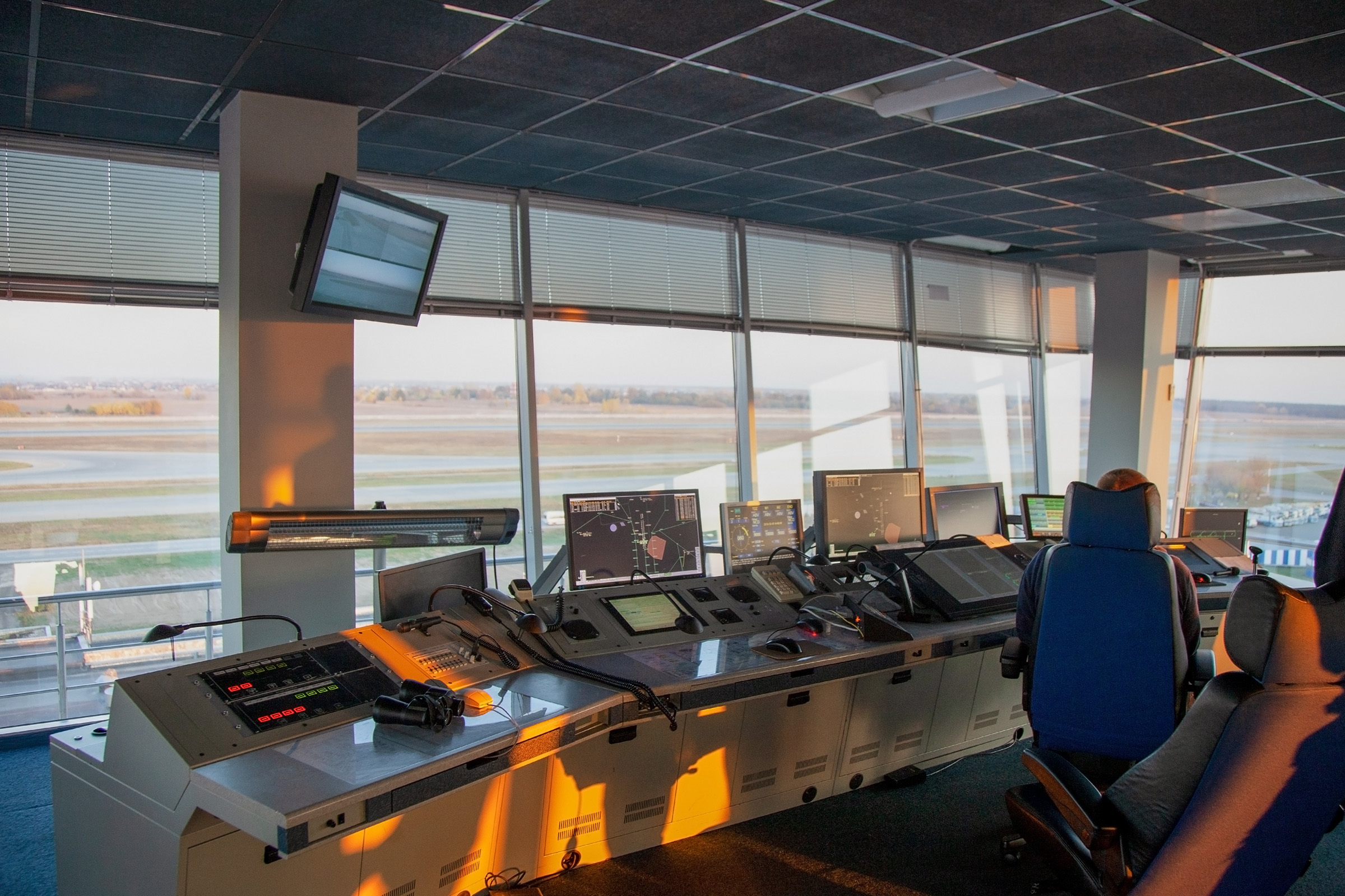 The view from inside an air traffic control tower. The view from inside an air traffic control tower.