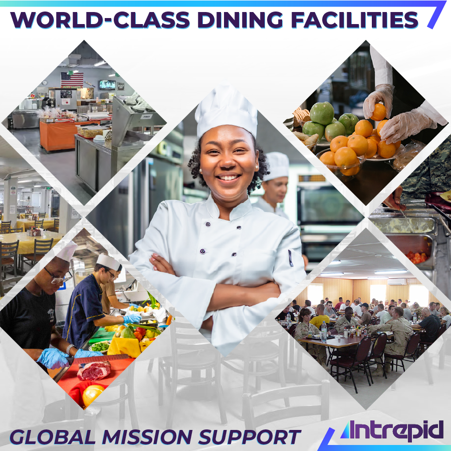 World-Class Dining Facilities, Global Mission Support. Intrepid logo.